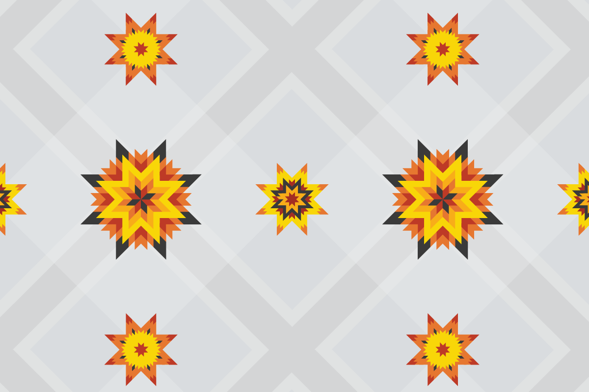 The star in a traditional Star Blanket has eight points, symbolizing kindness, humility, honesty, respect, healing, forgiveness, wisdom, and love. The points face outward, representing the relationship with family, friends, and the community. Star Blanket Unity utilizes the contemporary design of yellow stars against a plaid background as visual homage to traditional interconnection and shared values.